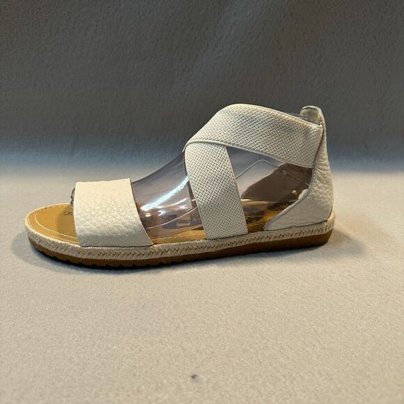 Sorel Ella Jute Sandals Womens 9.5 White Leather‎ Elastic Strap Peep Toe - Picture 1 of 10